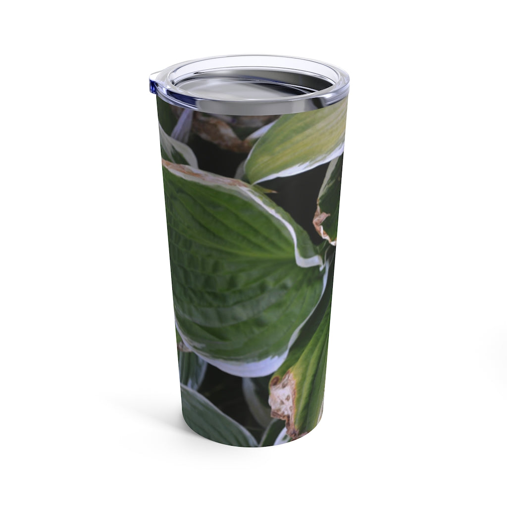 Green Leaves Tumbler 20oz made of stainless steel with a see-thru plastic lid, featuring a stylish green leaves design.