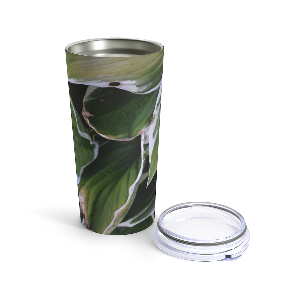 Green Leaves Tumbler 20oz made of stainless steel with a see-thru plastic lid, featuring a stylish green leaves design.