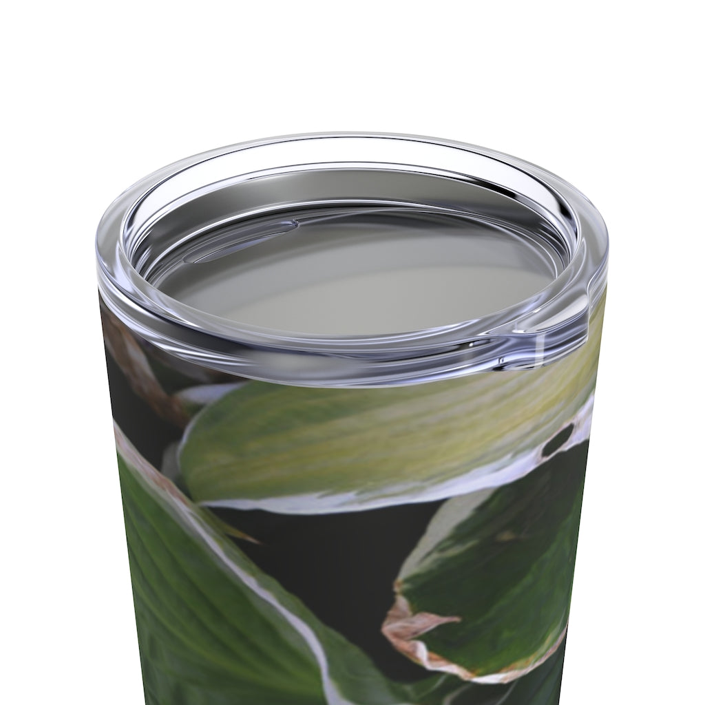 Green Leaves Tumbler 20oz made of stainless steel with a see-thru plastic lid, featuring a stylish green leaves design.