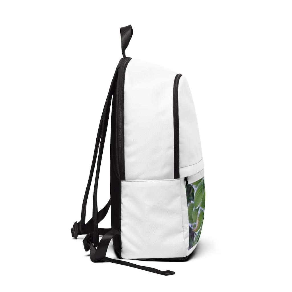 Green Leaves Unisex Fabric Backpack featuring a stylish leaf pattern, padded back panel, and adjustable shoulder straps, perfect for school and travel.