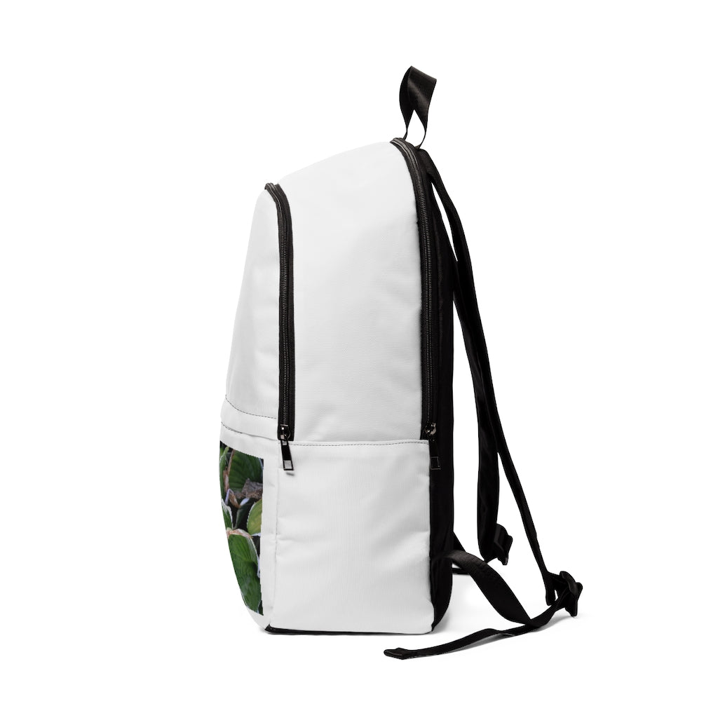 Green Leaves Unisex Fabric Backpack featuring a stylish leaf pattern, padded back panel, and adjustable shoulder straps, perfect for school and travel.