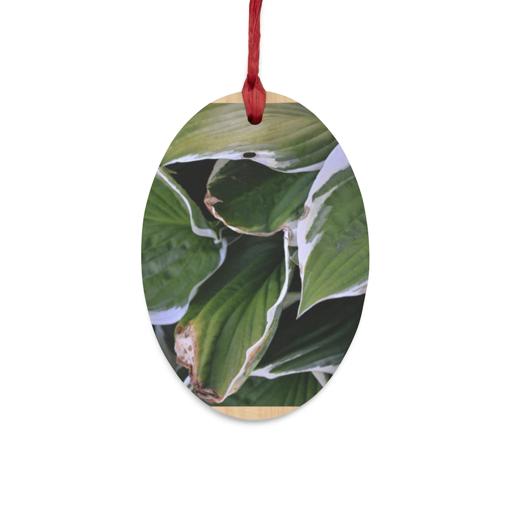 A collection of Green Leaves Wooden Christmas Ornaments in various whimsical shapes, featuring a rustic wooden finish and red hanging ribbons.