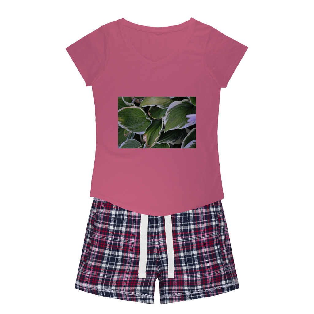 Green Leaves Women's Sleepy Tee and Flannel Short set featuring a relaxed fit T-shirt and vibrant flannel shorts, perfect for cozy nights.