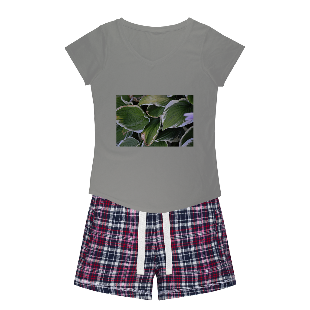 Green Leaves Women's Sleepy Tee and Flannel Short set featuring a relaxed fit T-shirt and vibrant flannel shorts, perfect for cozy nights.