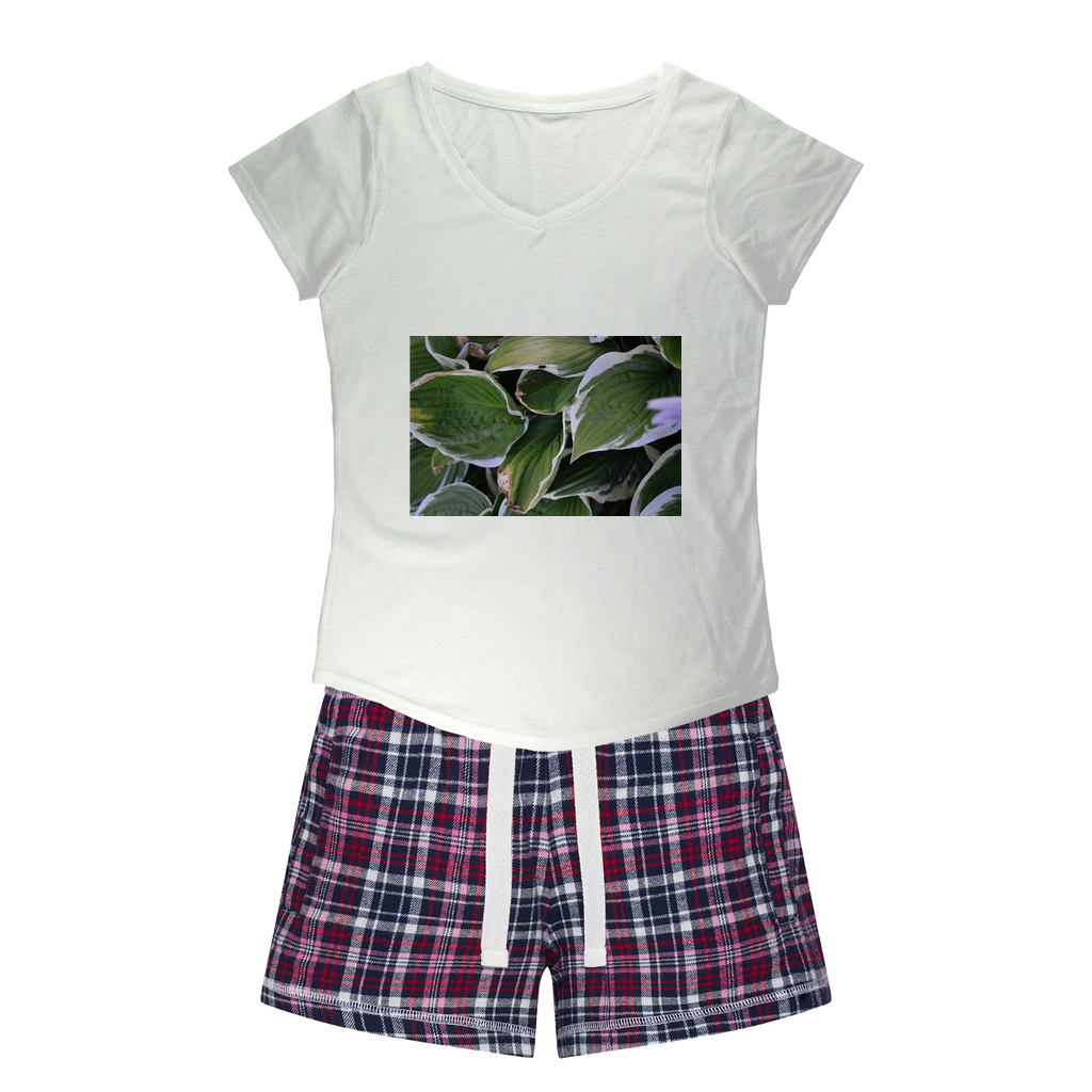 Green Leaves Women's Sleepy Tee and Flannel Short set featuring a relaxed fit T-shirt and vibrant flannel shorts, perfect for cozy nights.