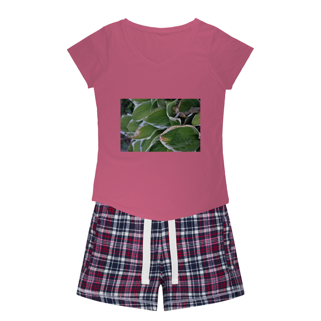 Green Leaves Women's Sleepy Tee and Flannel Short set featuring a relaxed fit T-shirt and playful flannel shorts in vibrant colors.