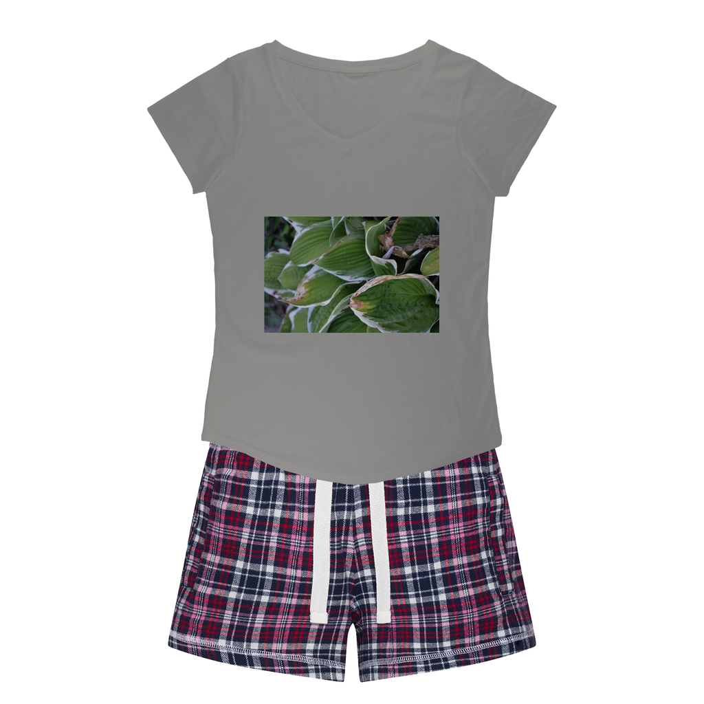 Green Leaves Women's Sleepy Tee and Flannel Short set featuring a relaxed fit T-shirt and playful flannel shorts in vibrant colors.