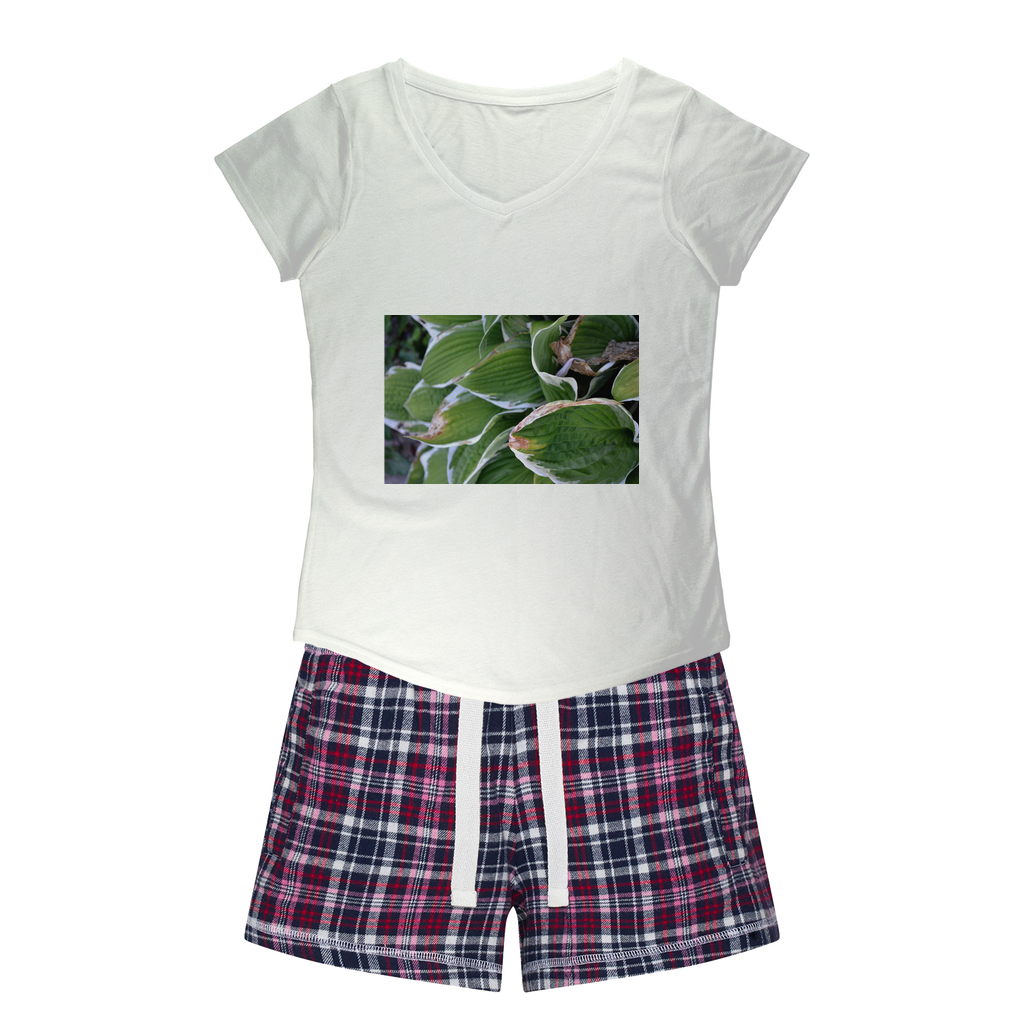 Green Leaves Women's Sleepy Tee and Flannel Short set featuring a relaxed fit T-shirt and playful flannel shorts in vibrant colors.