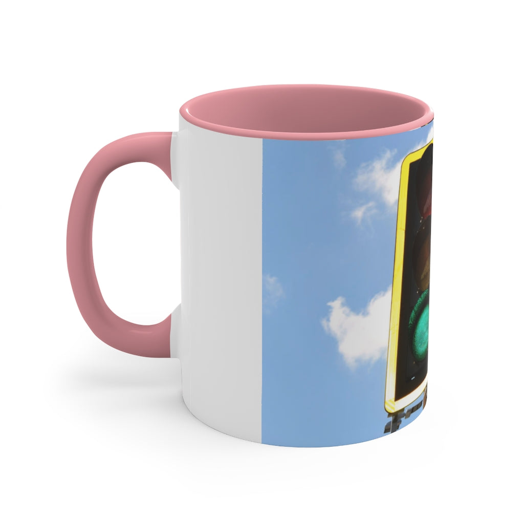 Green Light Accent Coffee Mug, 11oz with two-tone design and comfortable C-handle, showcasing vibrant color contrast.