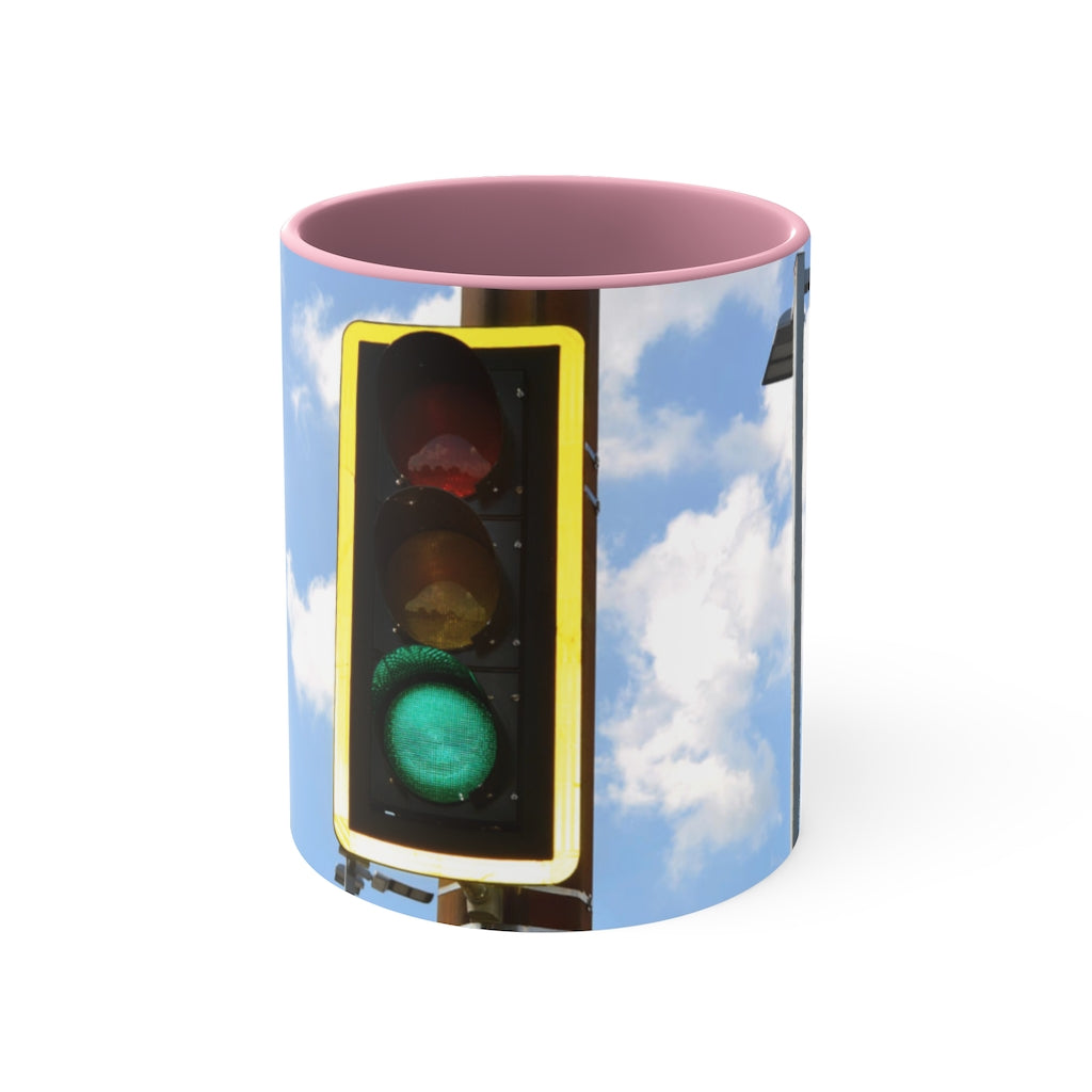 Green Light Accent Coffee Mug, 11oz with two-tone design and comfortable C-handle, showcasing vibrant color contrast.