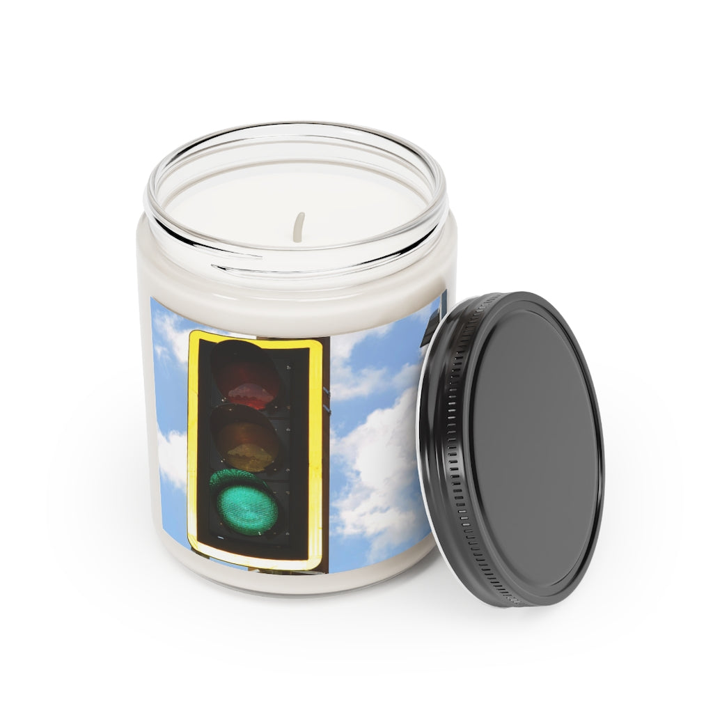 Green Light Scented Candle in a glass container, featuring a permanent adhesive label, showcasing its soothing aroma and elegant design.