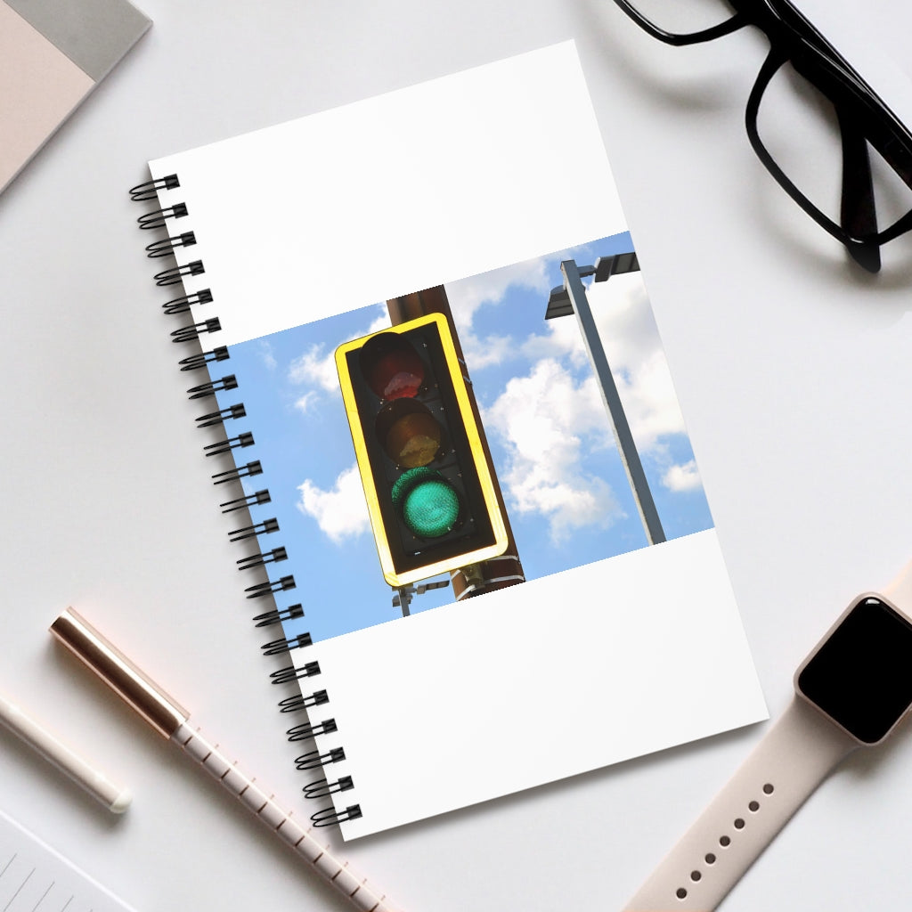 Green Light Spiral Journal featuring a vibrant cover design, available in four styles including blank, dot grid, lined, and task manager.