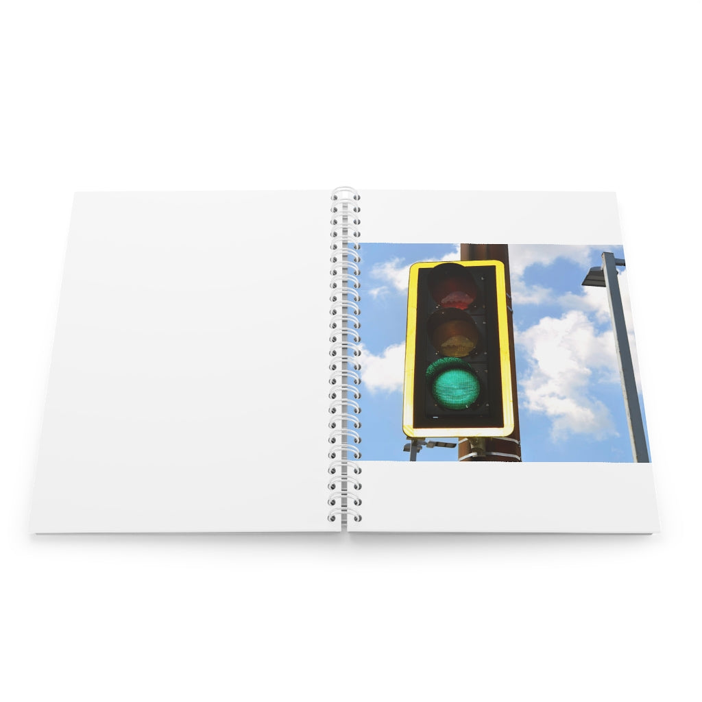 Green Light Spiral Notebook with customizable covers and wide-ruled pages, featuring a semi-gloss laminated finish.