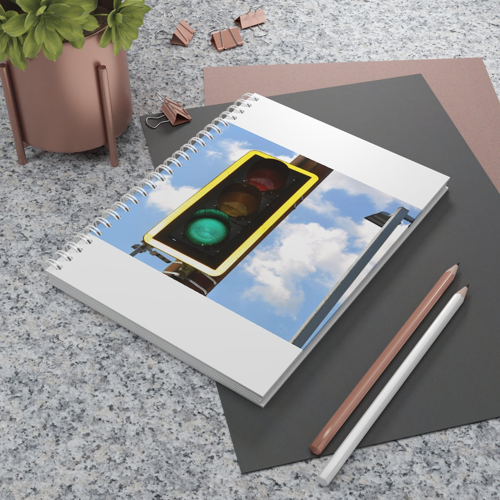 Green Light Spiral Notebook with customizable covers and wide-ruled pages, featuring a semi-gloss laminated finish.