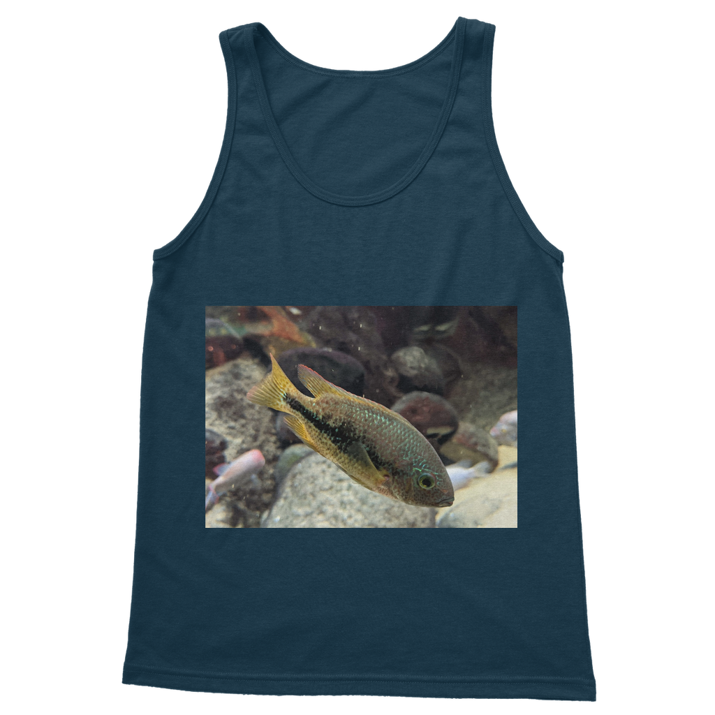 Green Orange Fish Classic Adult Vest Top, a unisex tank top made from 100% ring-spun cotton, featuring 6.5 cm straps and rib knit trim.