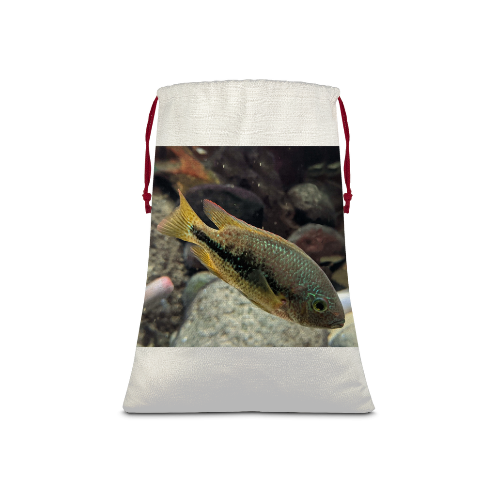 Green Orange Fish Sublimation Linen Drawstring Sack with red drawstring, perfect for Christmas gifts and laundry storage.