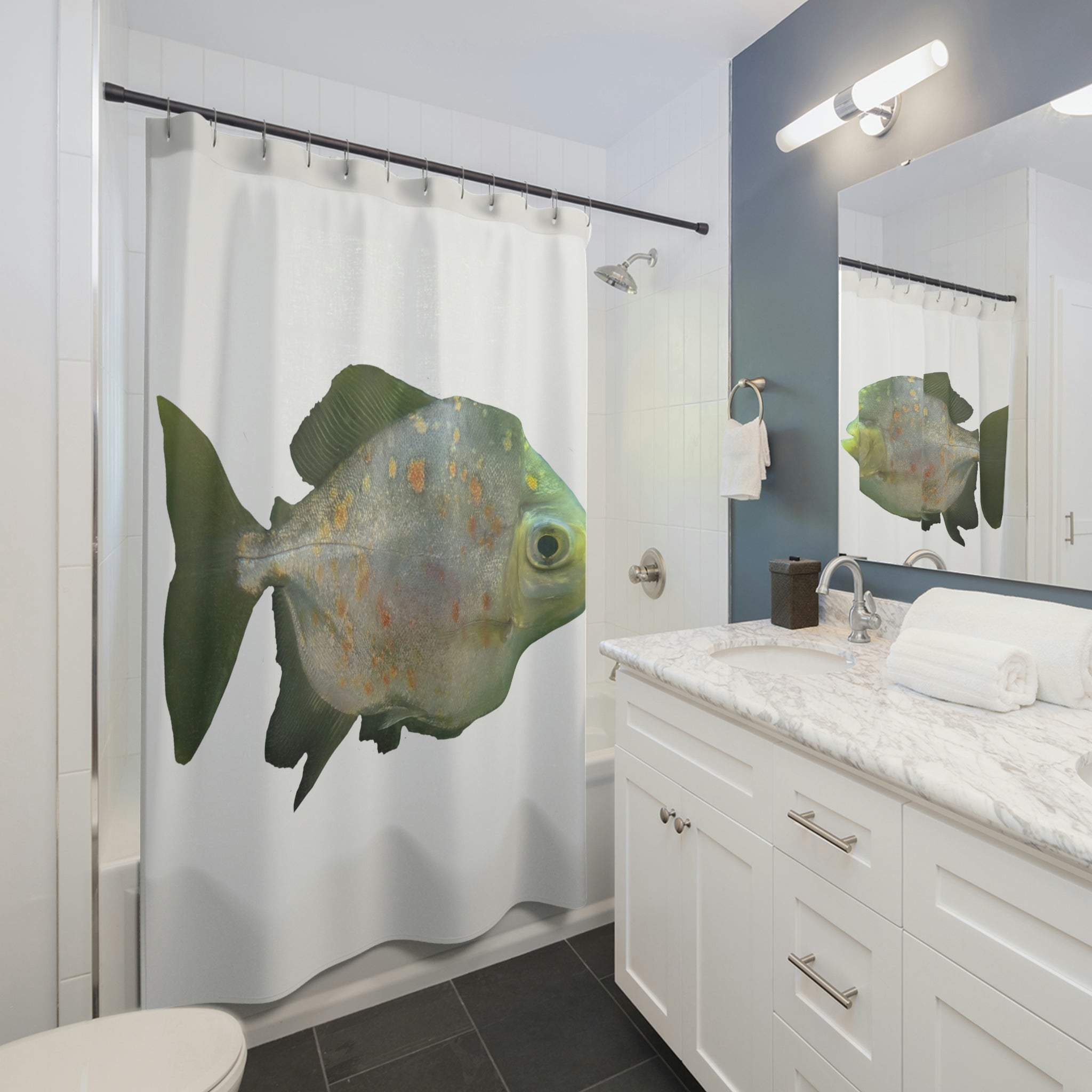 A vibrant Green Piranha Fish Shower Curtain featuring a detailed piranha design on durable polyester fabric, perfect for bathroom decor.