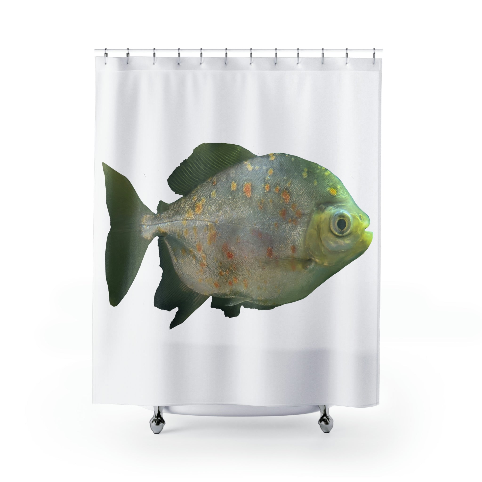 A vibrant Green Piranha Fish Shower Curtain featuring a detailed piranha design on durable polyester fabric, perfect for bathroom decor.