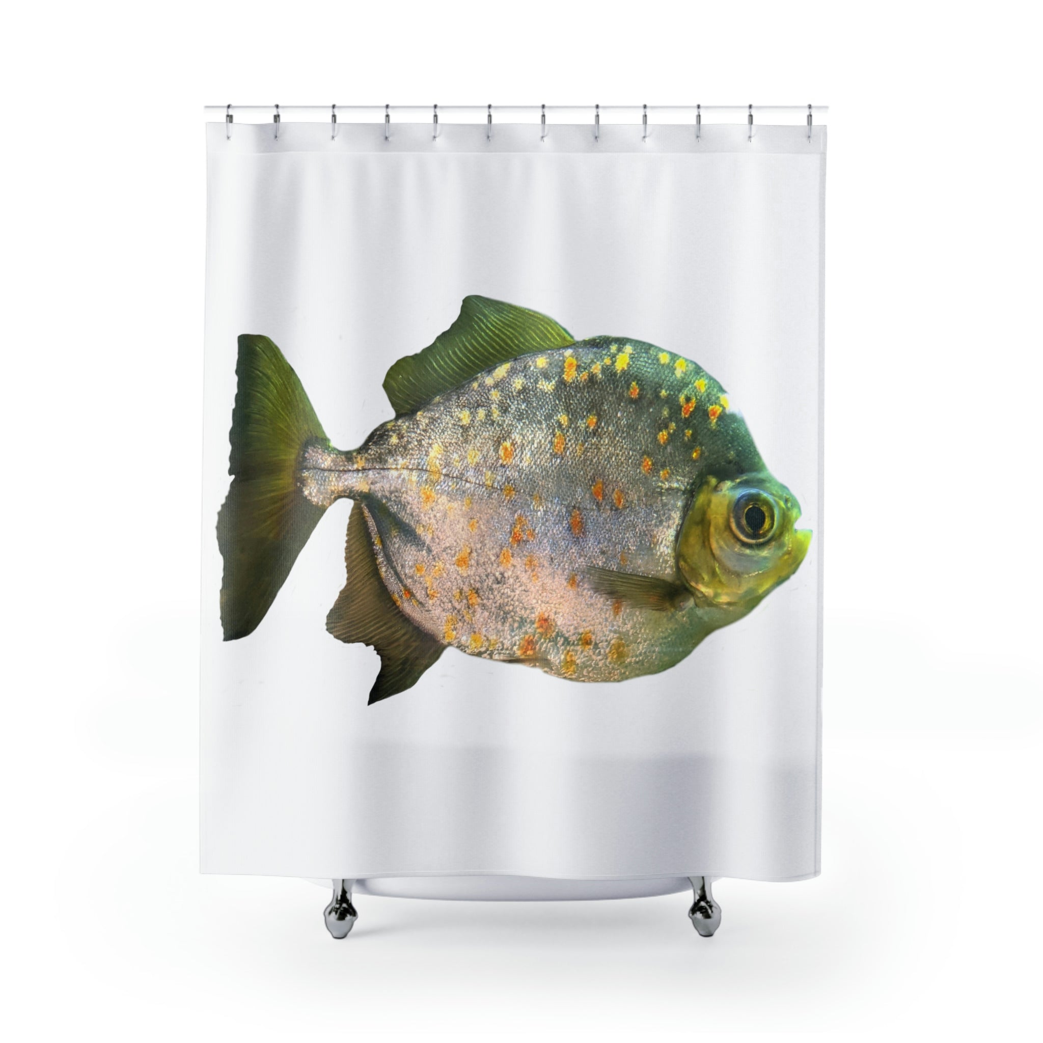 A vibrant Green Piranha Fish Shower Curtain featuring a detailed piranha design, made from durable polyester, perfect for bathroom decor.