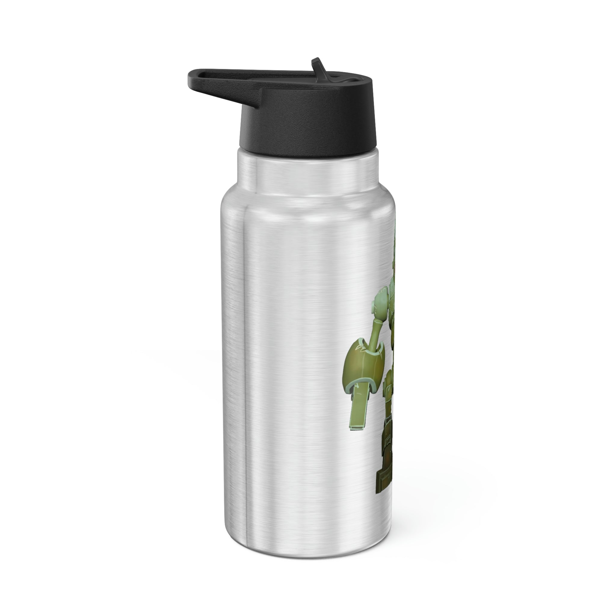 Green Robot Gator Tumbler, 32oz, stainless steel with a black cap and straw, customizable design.