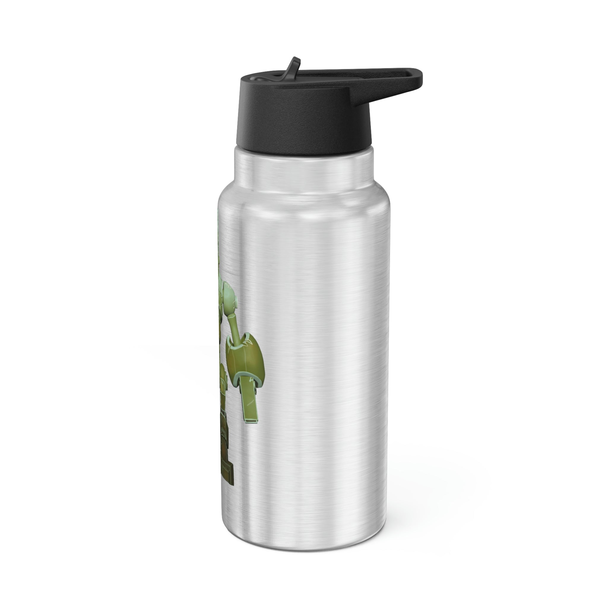 Green Robot Gator Tumbler, 32oz, stainless steel with a black cap and straw, customizable design.