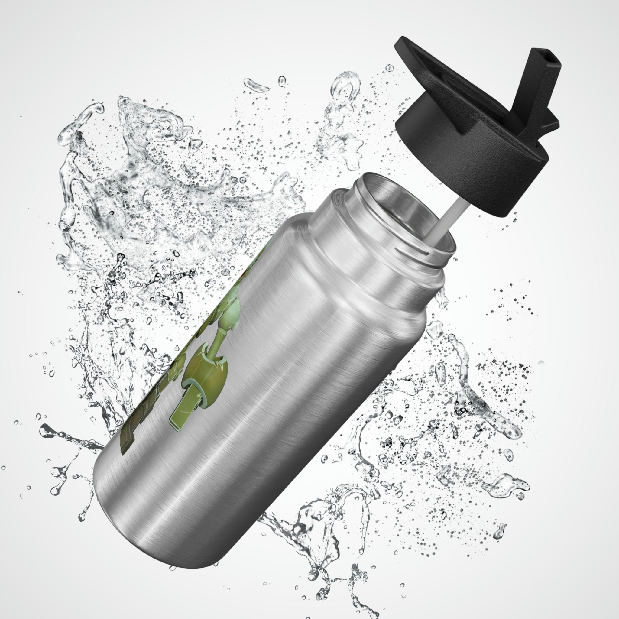 Green Robot Gator Tumbler, 32oz, stainless steel with a black cap and straw, customizable design.