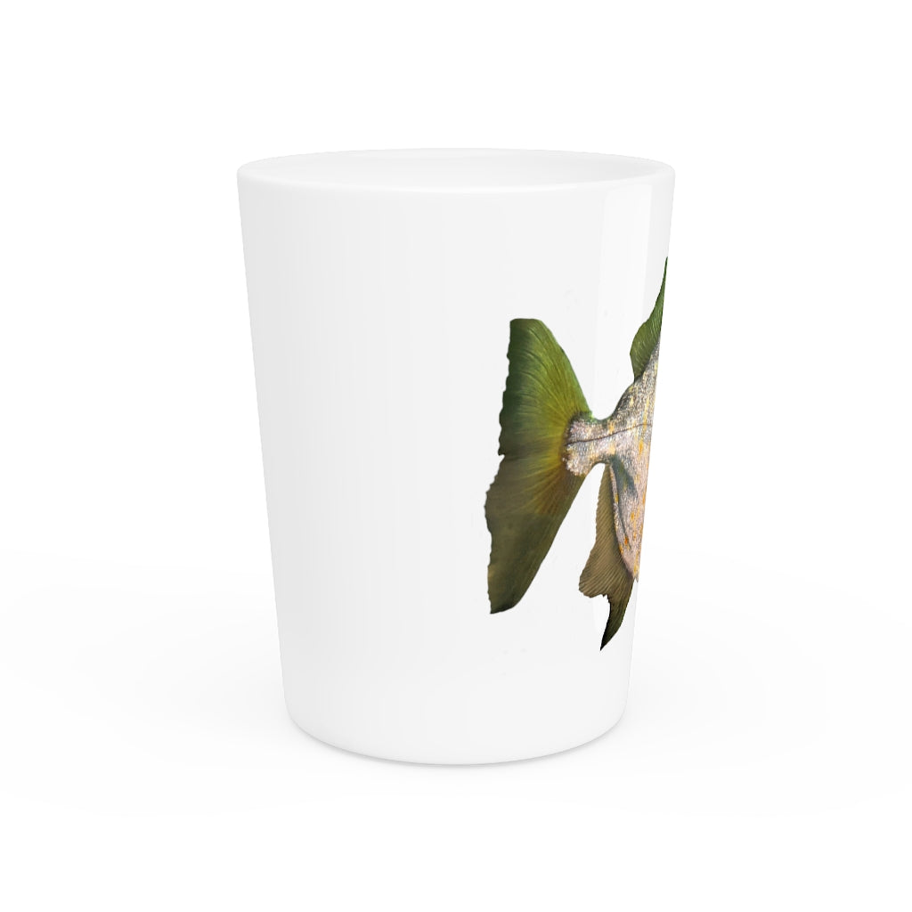 Green Striped Fish Shot Glass with a ceramic finish, featuring a unique green striped design and available with a white or black interior.