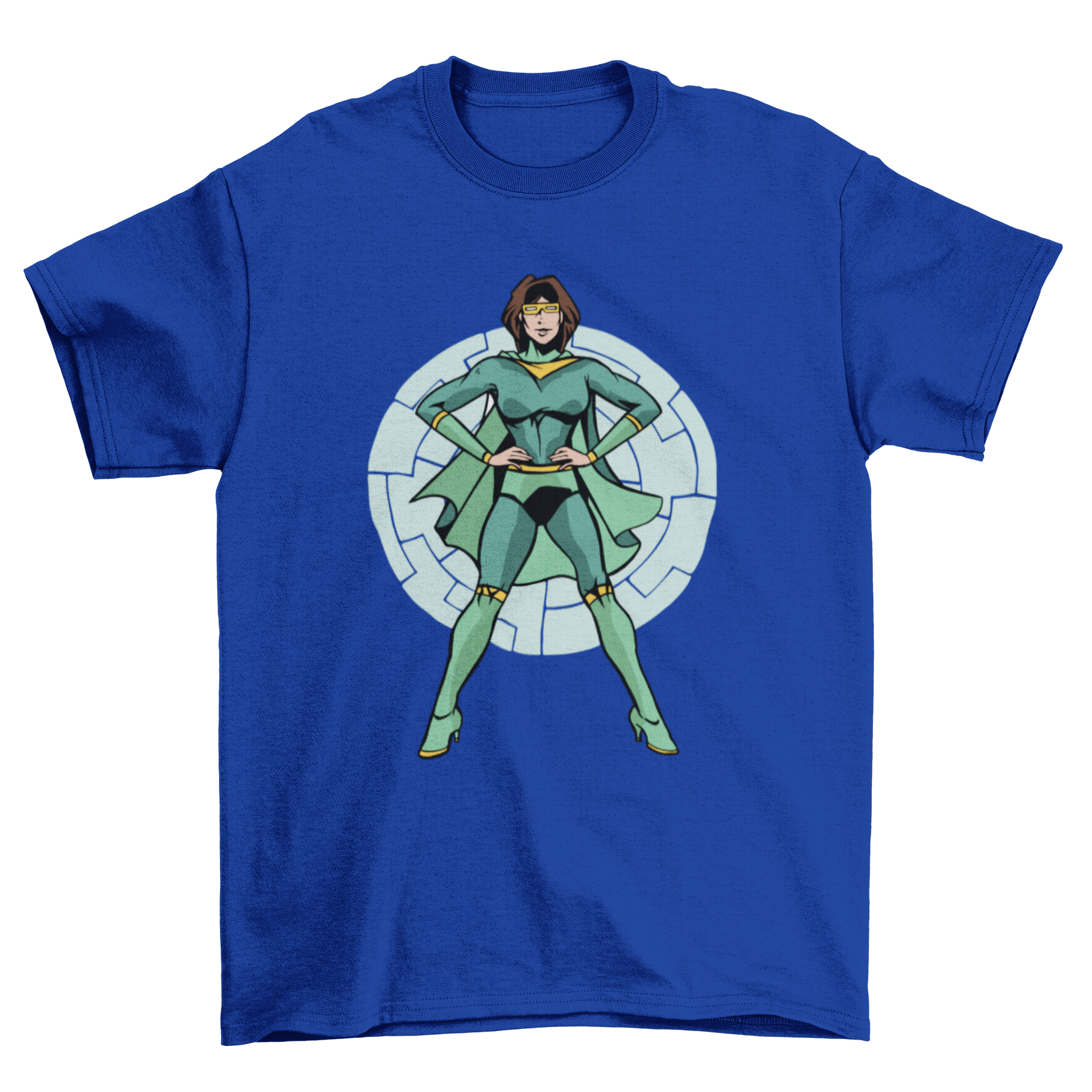 A vibrant green t-shirt featuring a superheroine in a green superhero suit, showcasing a unique and stylish design.