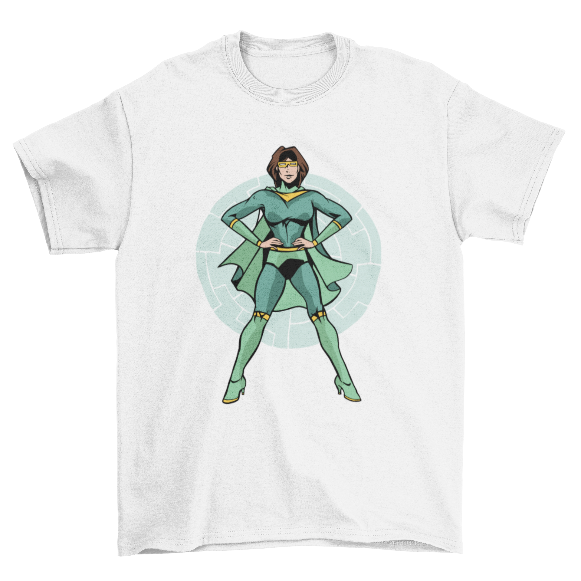 A vibrant green t-shirt featuring a superheroine in a green superhero suit, showcasing a unique and stylish design.