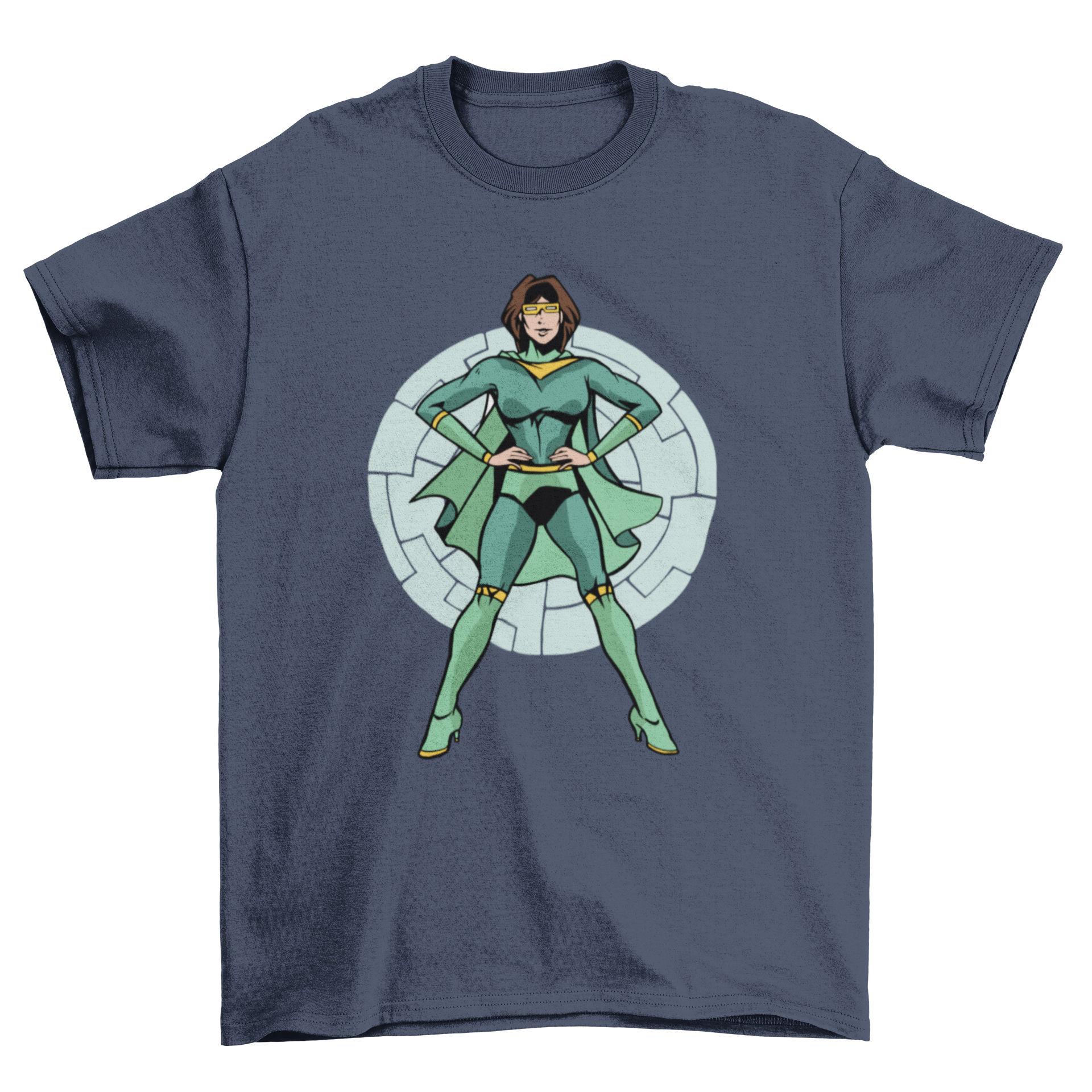 A vibrant green t-shirt featuring a superheroine in a green superhero suit, showcasing a unique and stylish design.