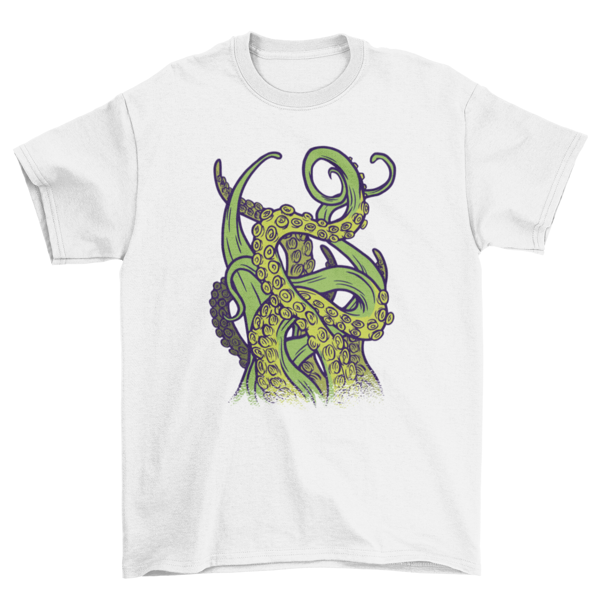 A stylish green t-shirt featuring a unique design of tangled green tentacles, perfect for casual wear.