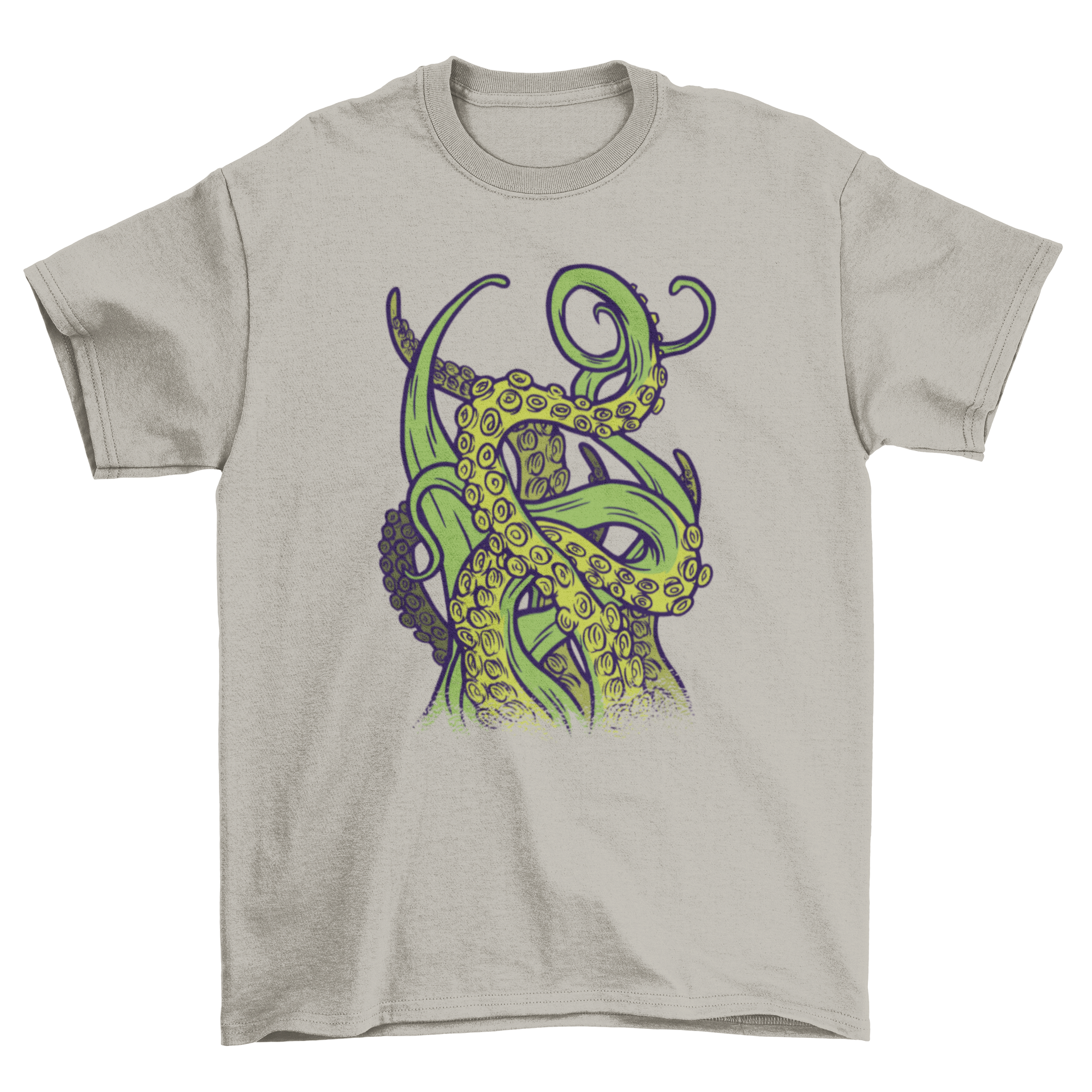 A stylish green t-shirt featuring a unique design of tangled green tentacles, perfect for casual wear.