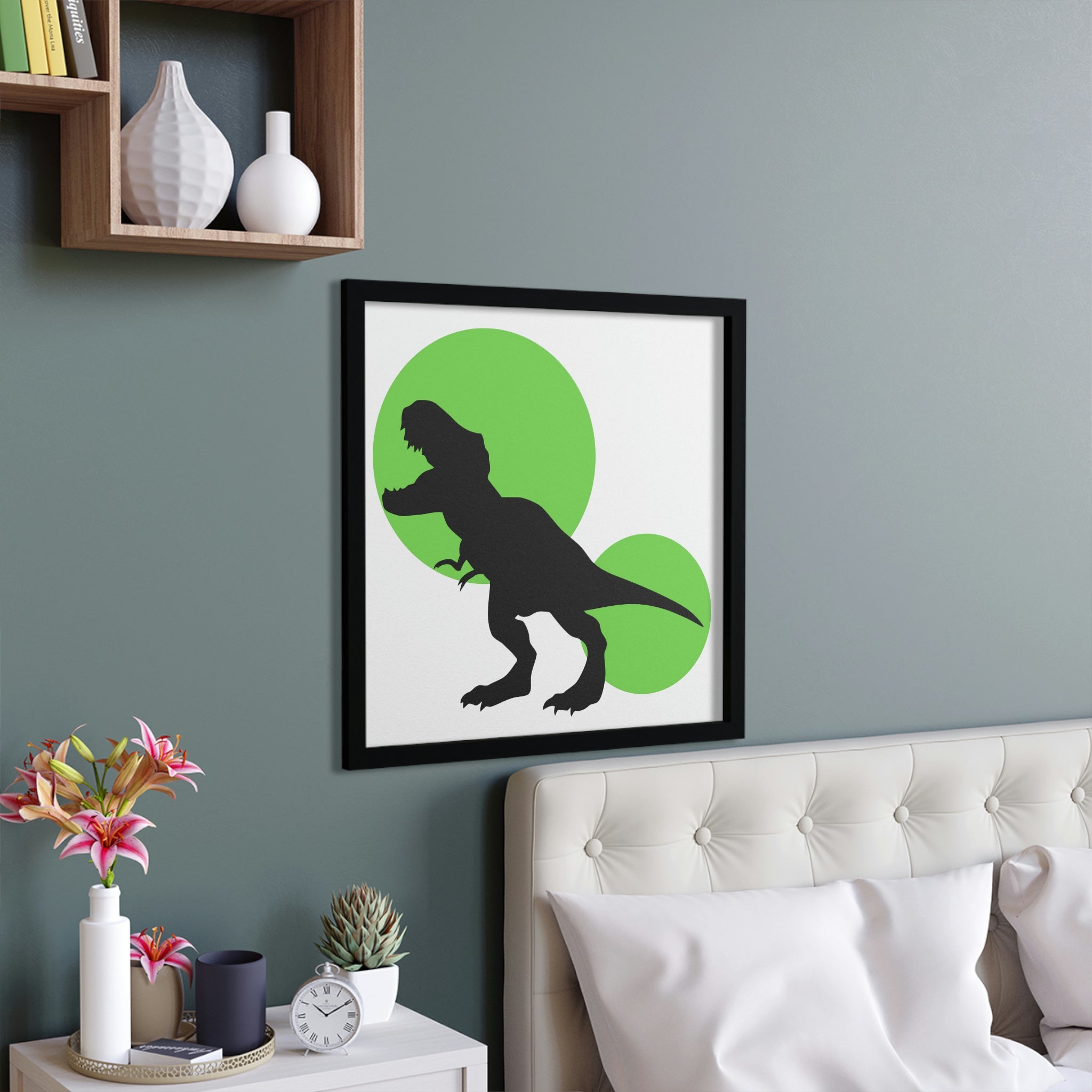 Framed poster featuring a vibrant green Tyrannosaurus Rex design, set in a hand-crafted wooden frame, ready for hanging.