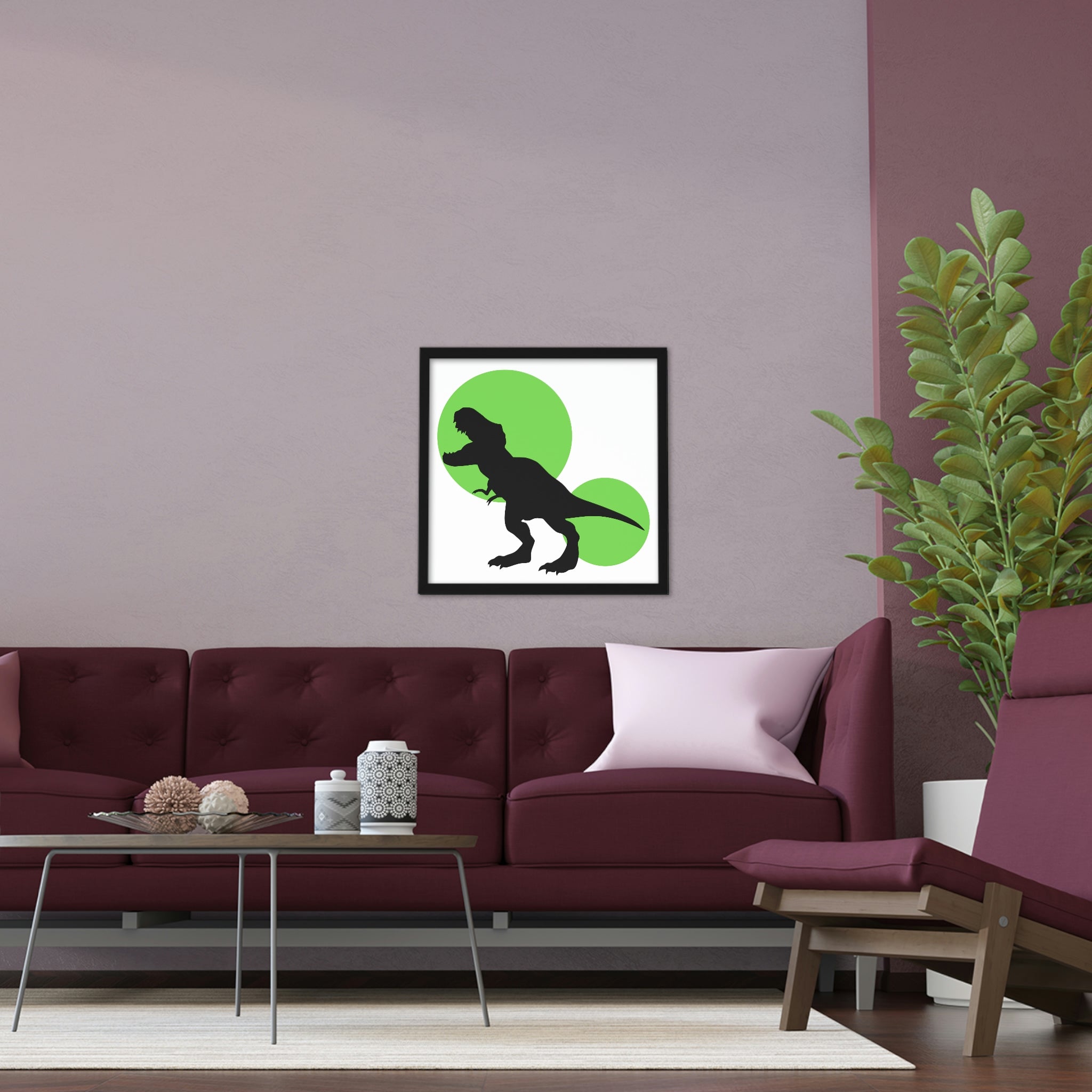 Framed poster featuring a vibrant green Tyrannosaurus Rex design, set in a hand-crafted wooden frame, ready for hanging.