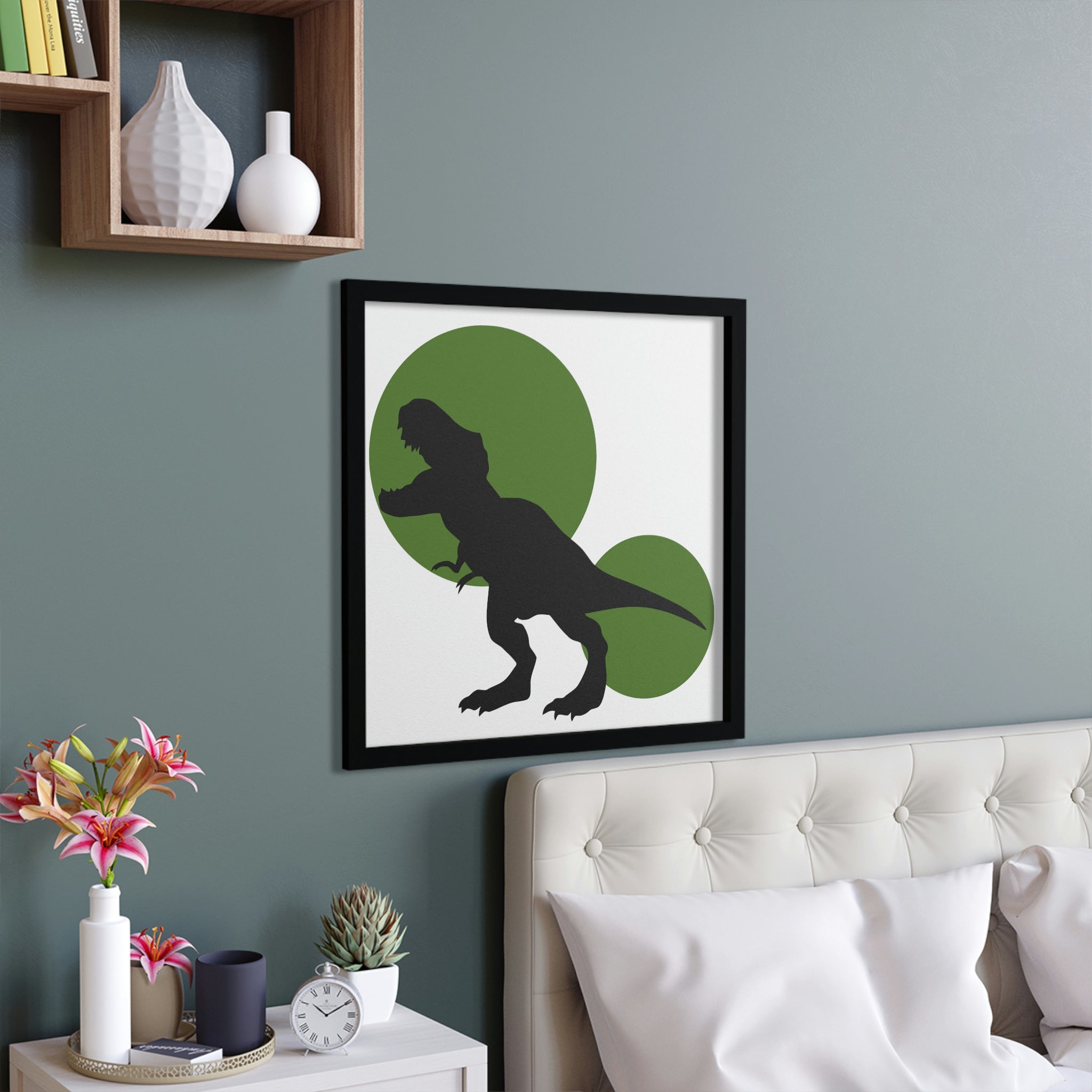 Framed poster featuring a vibrant Green Tyrannosaurus Rex design, elegantly displayed in a hand-crafted wooden frame.