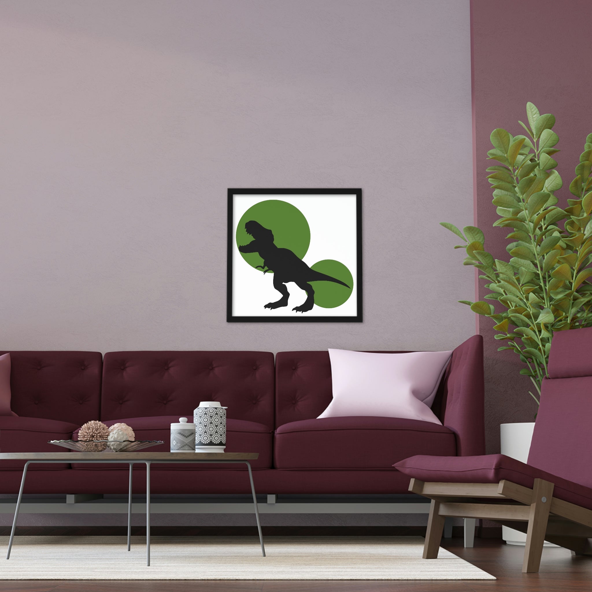 Framed poster featuring a vibrant Green Tyrannosaurus Rex design, elegantly displayed in a hand-crafted wooden frame.