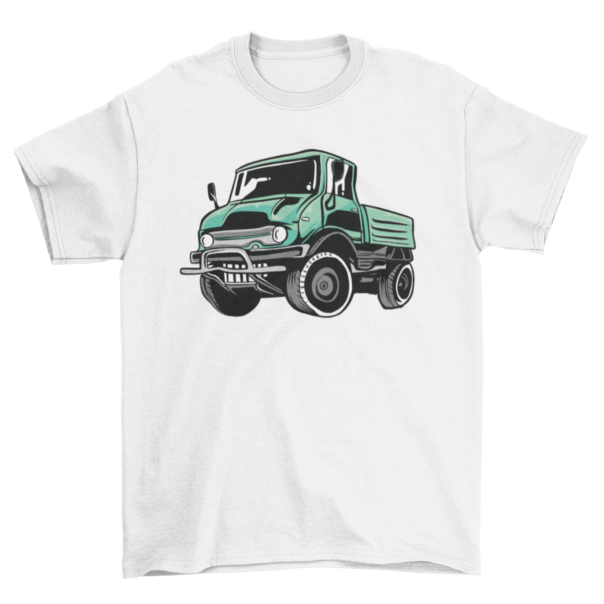 A stylish green t-shirt featuring an illustration of a unimog truck, perfect for truck enthusiasts.