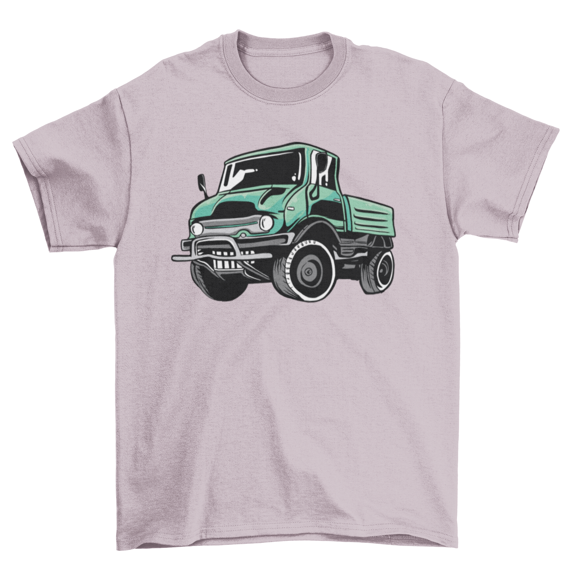 A stylish green t-shirt featuring an illustration of a unimog truck, perfect for truck enthusiasts.