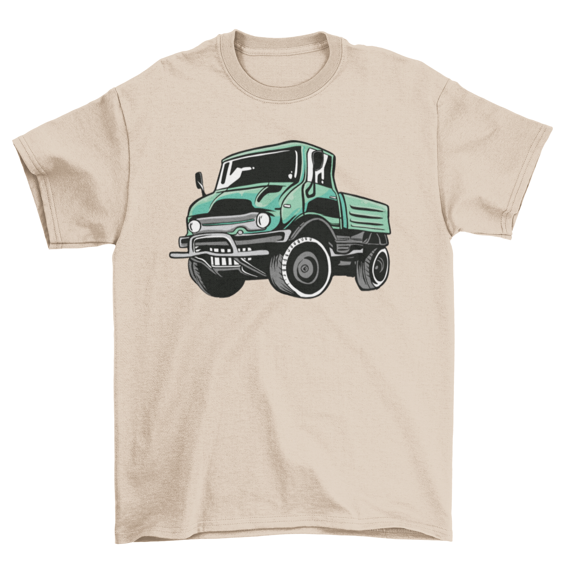 A stylish green t-shirt featuring an illustration of a unimog truck, perfect for truck enthusiasts.