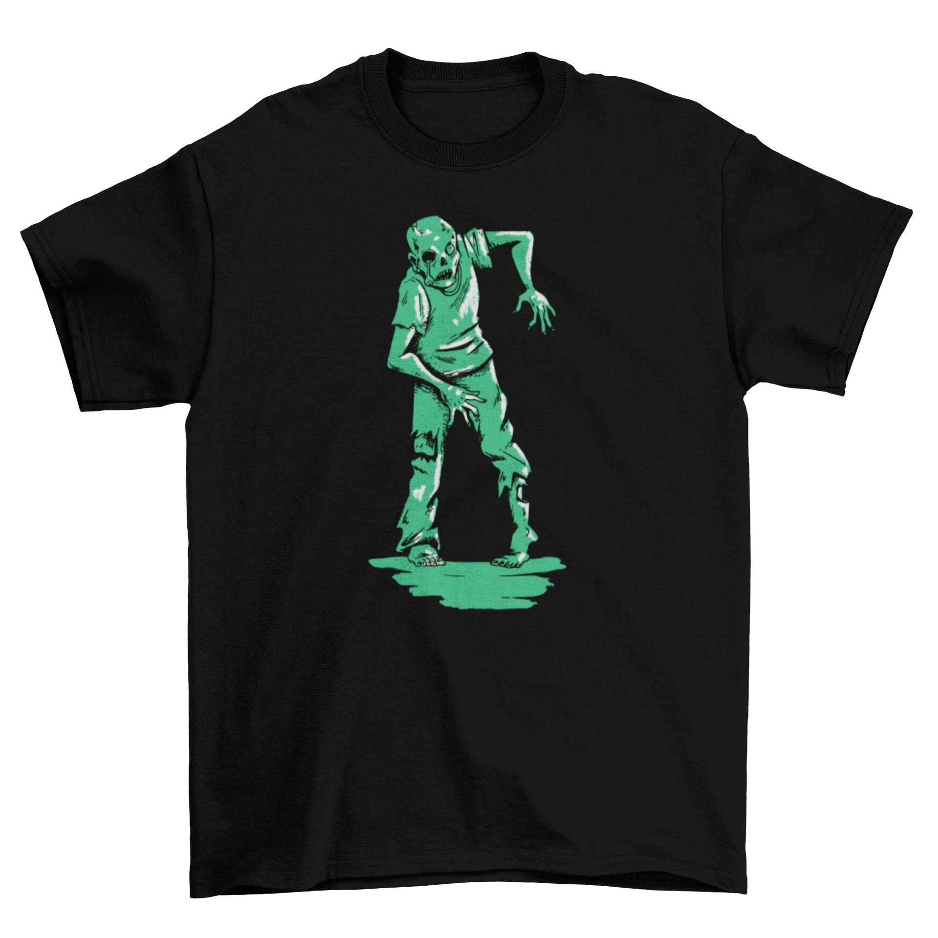 A green zombie walking on a creepy t-shirt design, showcasing vibrant colors and detailed artwork.