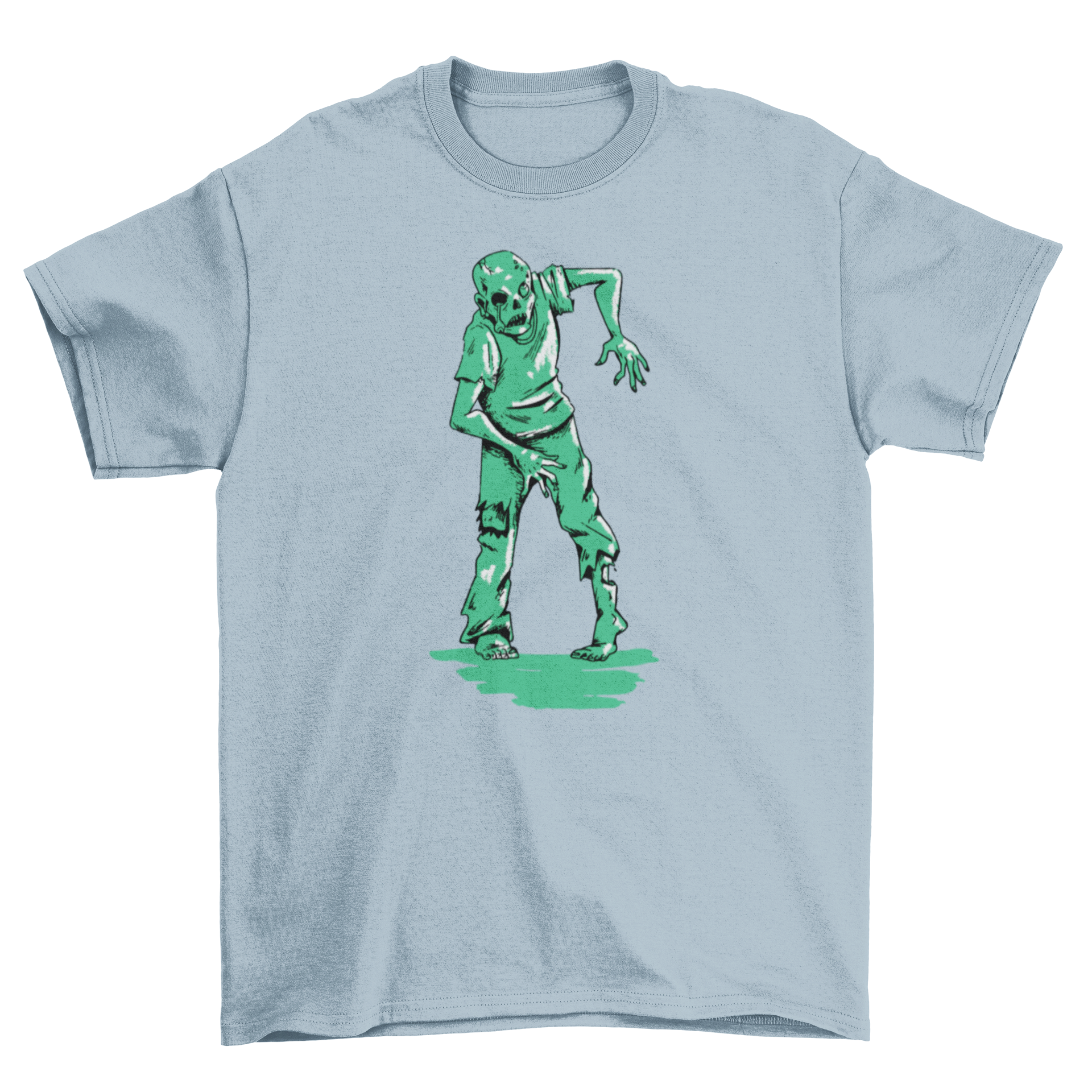 A green zombie walking on a creepy t-shirt design, showcasing vibrant colors and detailed artwork.