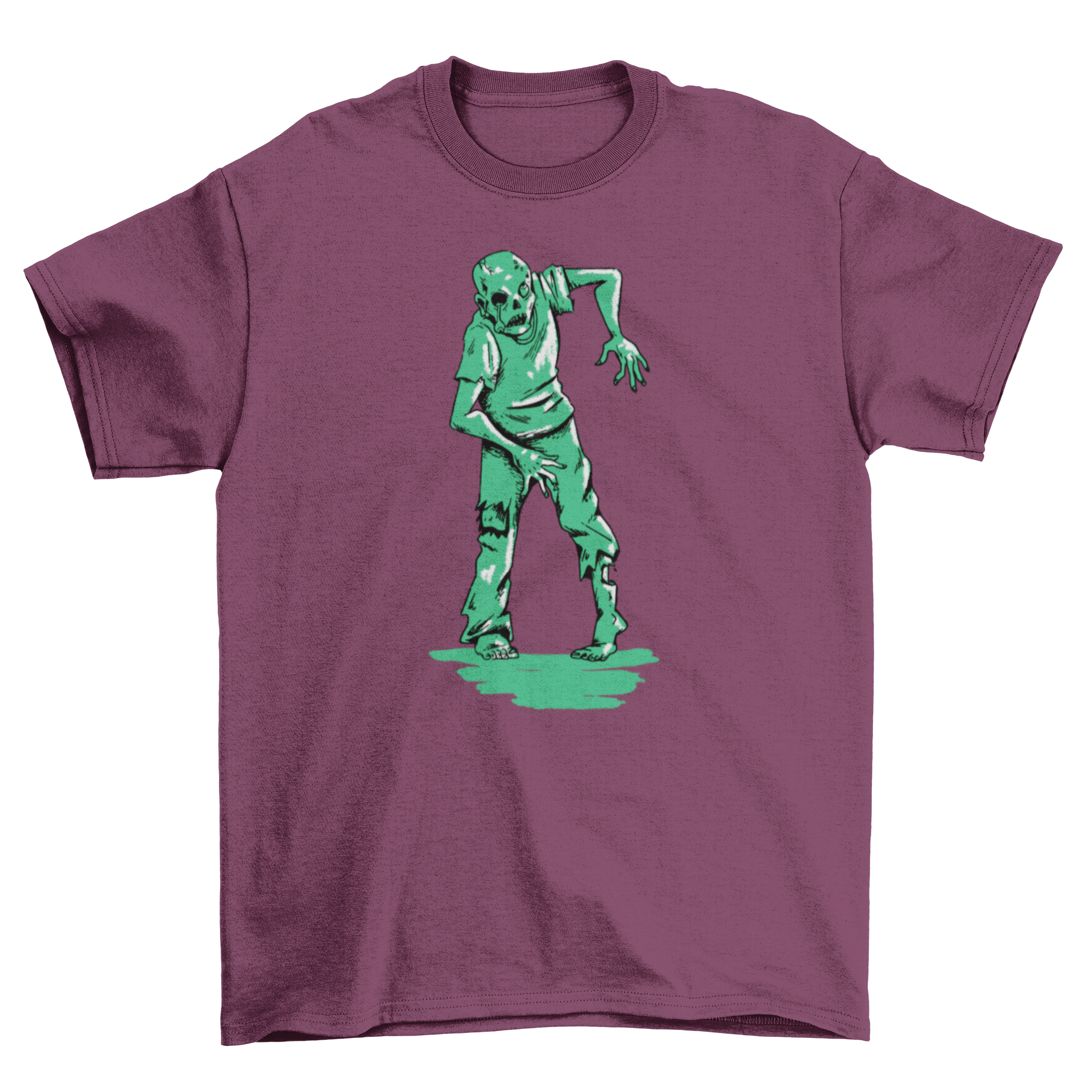 A green zombie walking on a creepy t-shirt design, showcasing vibrant colors and detailed artwork.