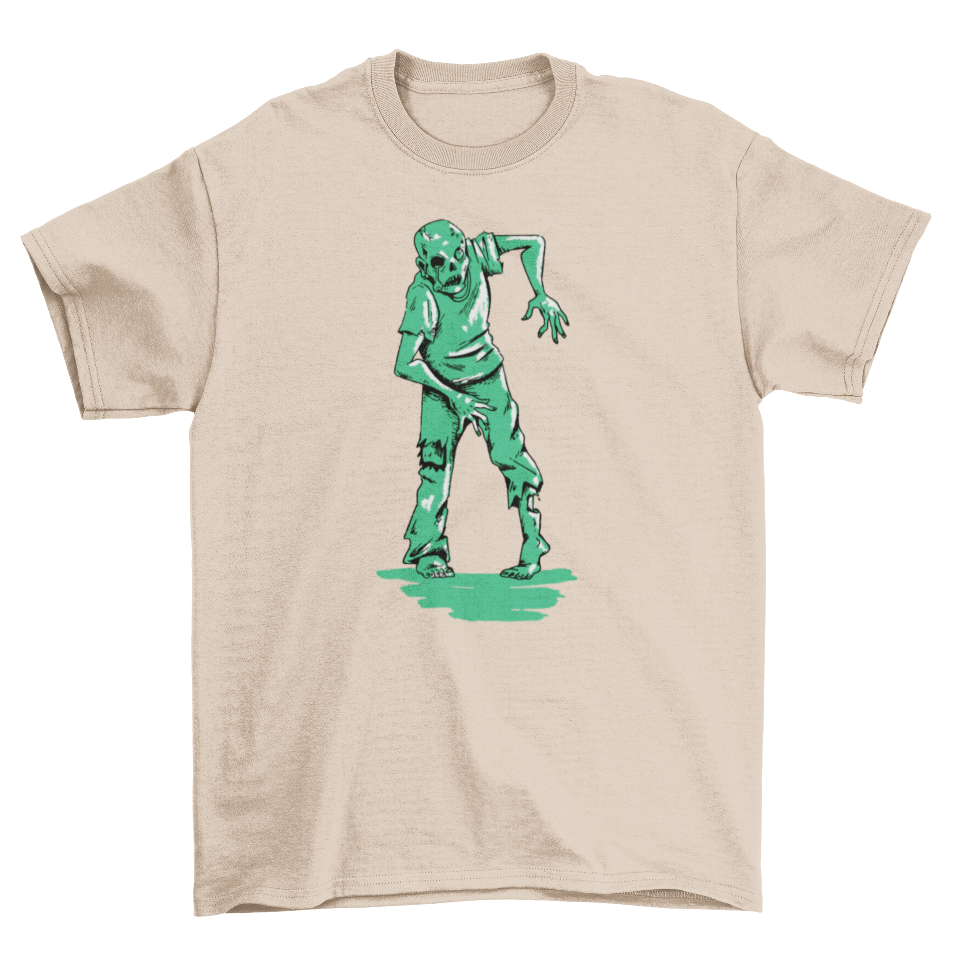 A green zombie walking on a creepy t-shirt design, showcasing vibrant colors and detailed artwork.