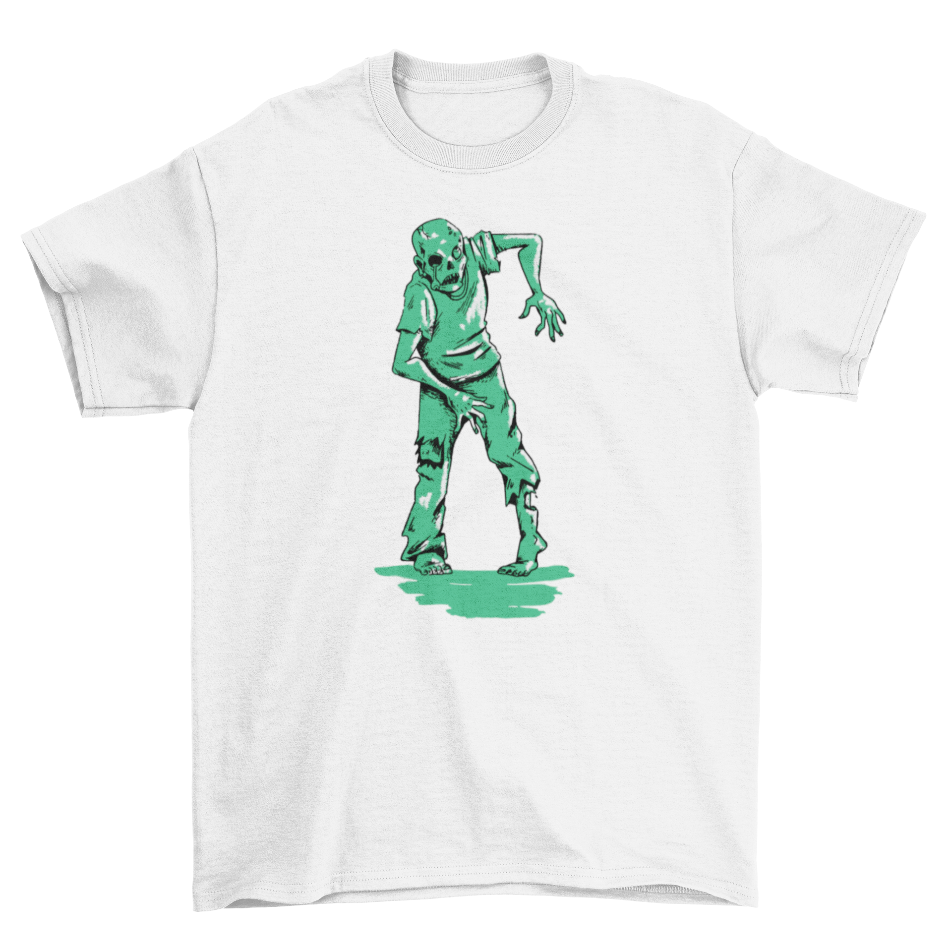 A green zombie walking on a creepy t-shirt design, showcasing vibrant colors and detailed artwork.