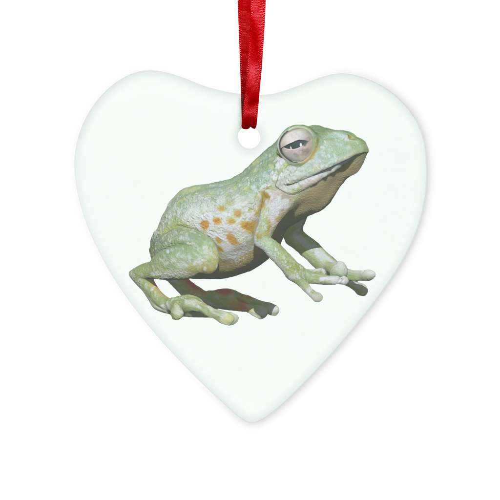 Greenfrog Glass Hanging Ornament in round and heart shapes, featuring a red ribbon and gold string, elegantly packaged in a white box.