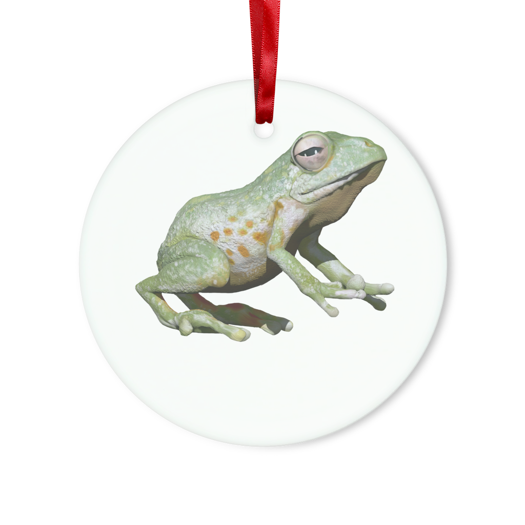 Greenfrog Glass Hanging Ornament in round and heart shapes, featuring a red ribbon and gold string, elegantly packaged in a white box.