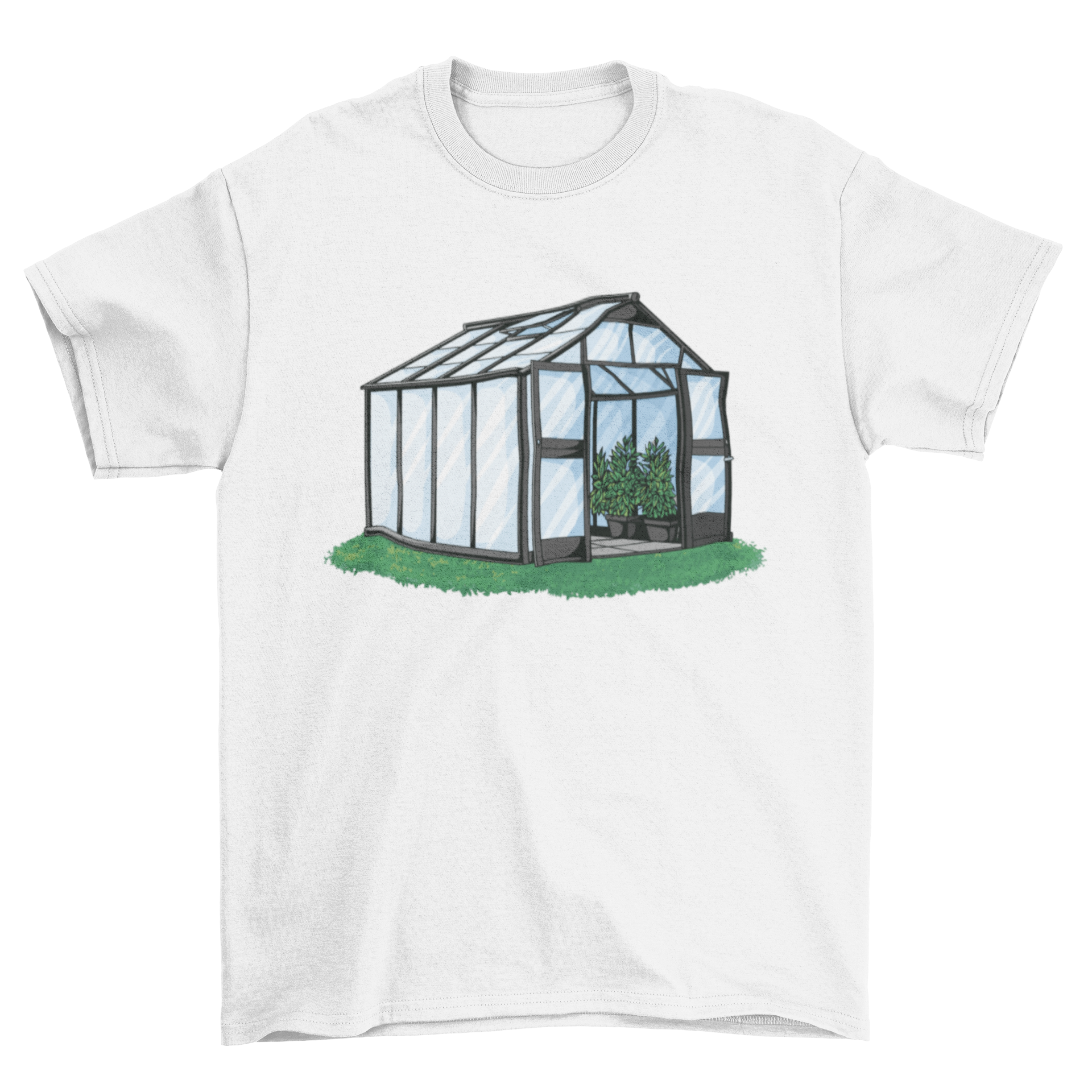 A stylish t-shirt featuring a vibrant greenhouse design filled with various plants, perfect for nature enthusiasts.