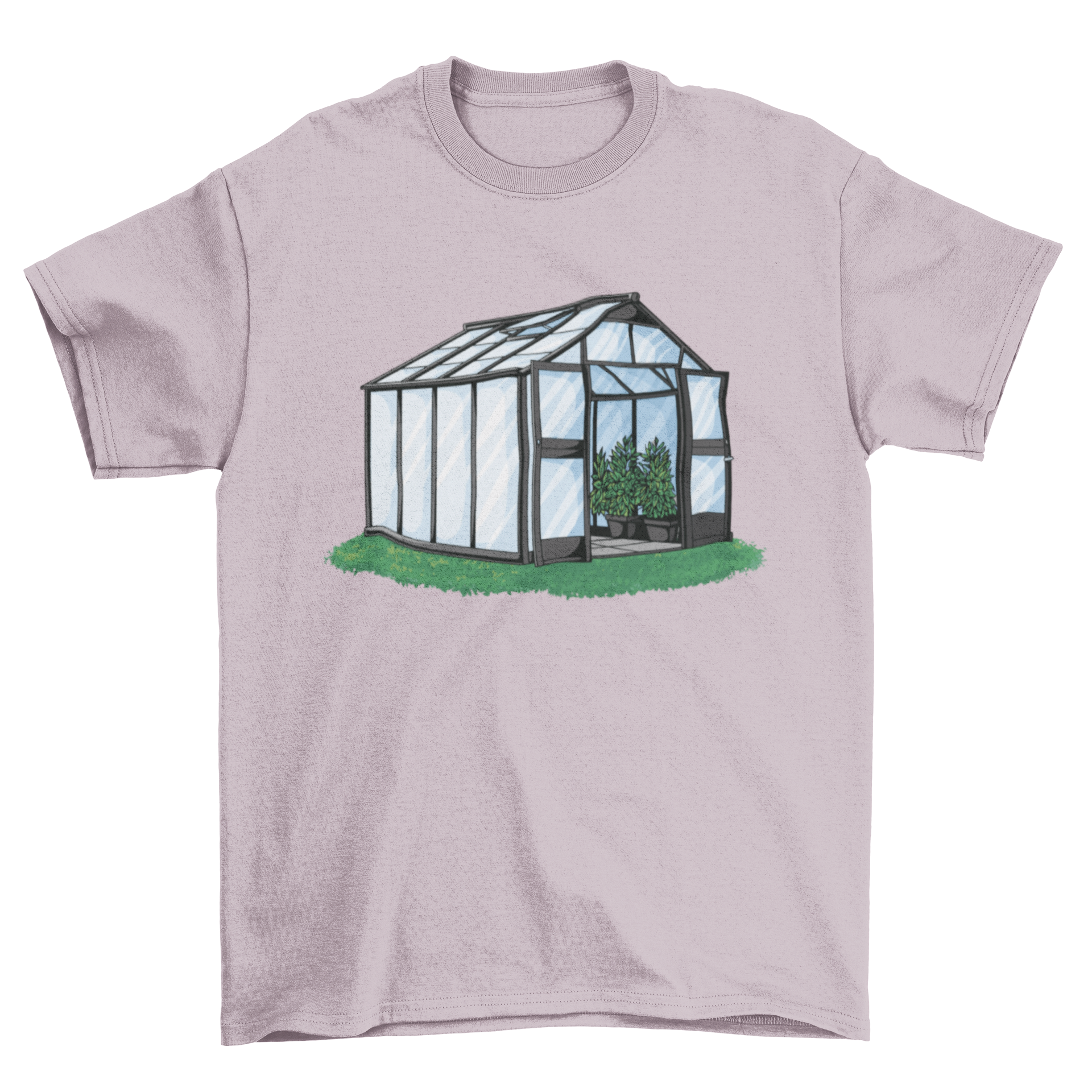 A stylish t-shirt featuring a vibrant greenhouse design filled with various plants, perfect for nature enthusiasts.