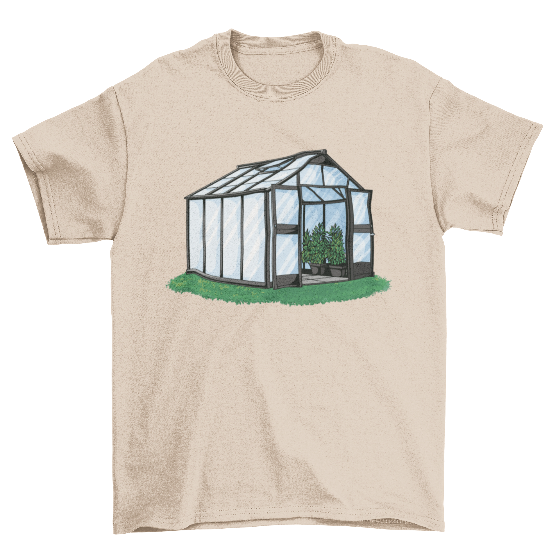 A stylish t-shirt featuring a vibrant greenhouse design filled with various plants, perfect for nature enthusiasts.