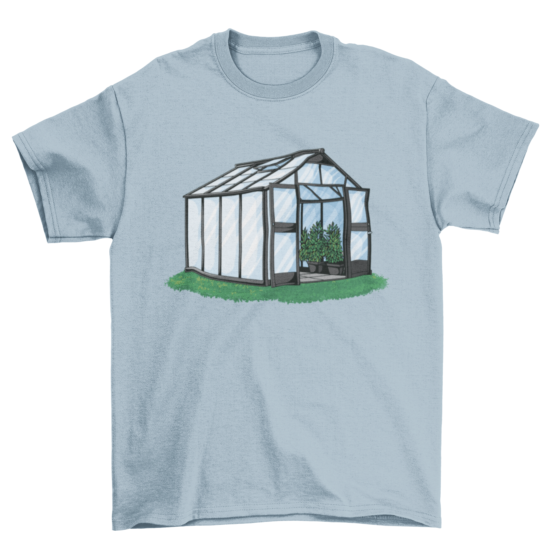 A stylish t-shirt featuring a vibrant greenhouse design filled with various plants, perfect for nature enthusiasts.